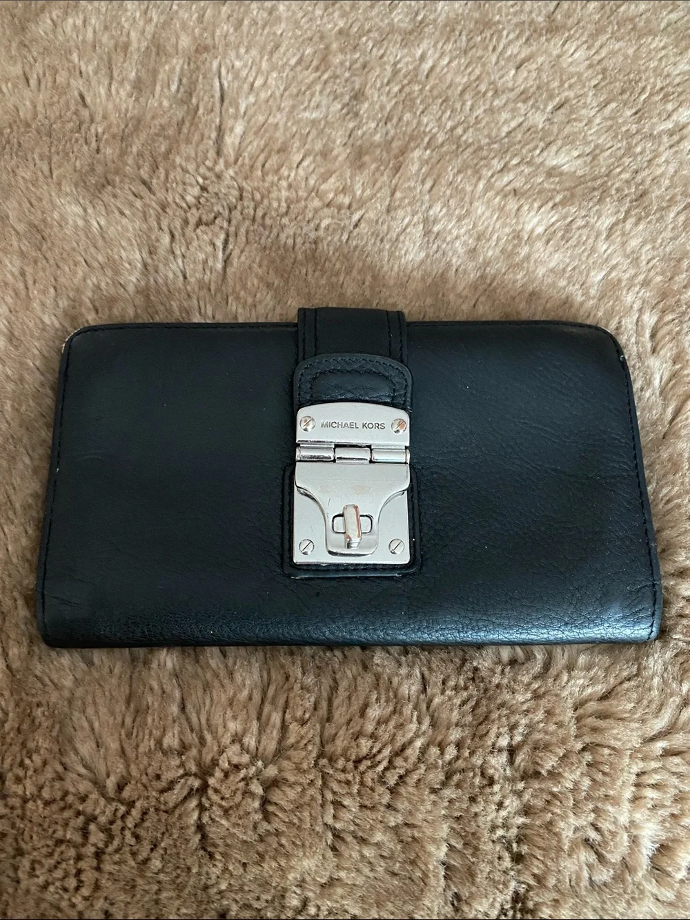 Michael Kors Black Leather Wallet with Silver-Tone Lock Detail